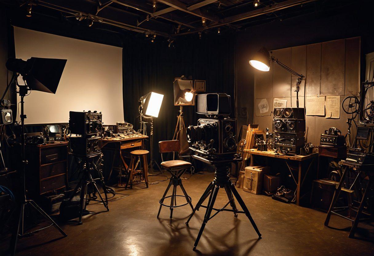 A dimly lit film studio filled with eclectic movie props, showcasing a vintage camera setup, film reels scattered around, and a director's chair with a clapperboard. In the background, silhouettes of crew members adjusting lights and equipment, capturing the essence of cinematic creation. The atmosphere is charged with creativity and behind-the-scenes magic. super-realistic. vibrant colors. soft focus.