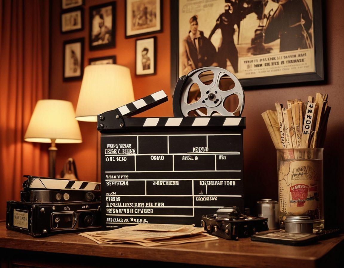 A vintage film reel spills out iconic movie posters featuring classic and contemporary films, surrounded by a blend of film-related tools like a clapperboard and a director's chair. Add a backdrop of a cozy, dimly lit cinema with vintage decor, creating an atmosphere of nostalgia and anticipation. Soft lighting illuminates the scene, inviting viewers into the world of cinema. super-realistic. warm tones. vintage style.