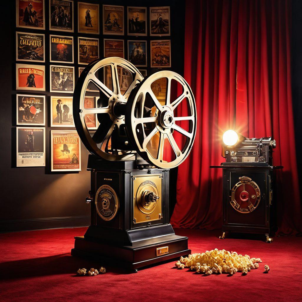 A captivating, mystical cinema scene featuring an old-fashioned film projector casting golden light onto an oversized film reel, surrounded by iconic movie posters that blend classic and modern films. A vintage theater setting with plush red velvet curtains and popcorn scattered on the floor, symbolizing the love for cinematic experiences. Emphasize an enchanting atmosphere with soft glows and dynamic shadows. super-realistic. vibrant colors. dramatic lighting.